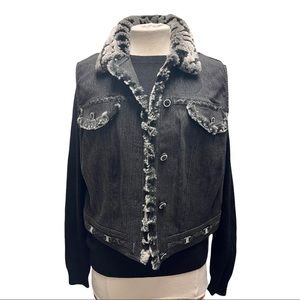 Denim fur collared vest and cashmere sweater